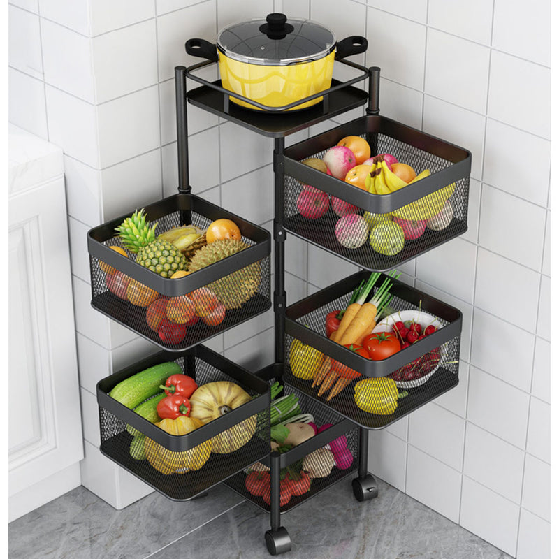 5 Tier Carbon Steel Rotating Kitchen Cart 30x30x97cm Black Wheels 10Kg Shelf