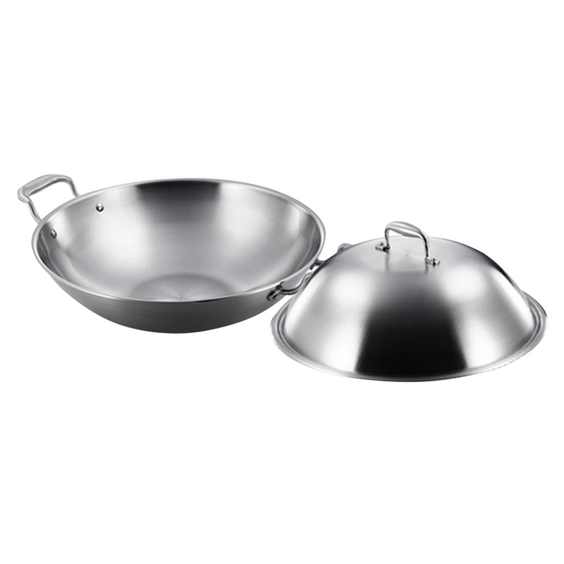 2X 38cm 18/10 Stainless Steel 3 Ply Wok Double Handle With Lid Induction Ready