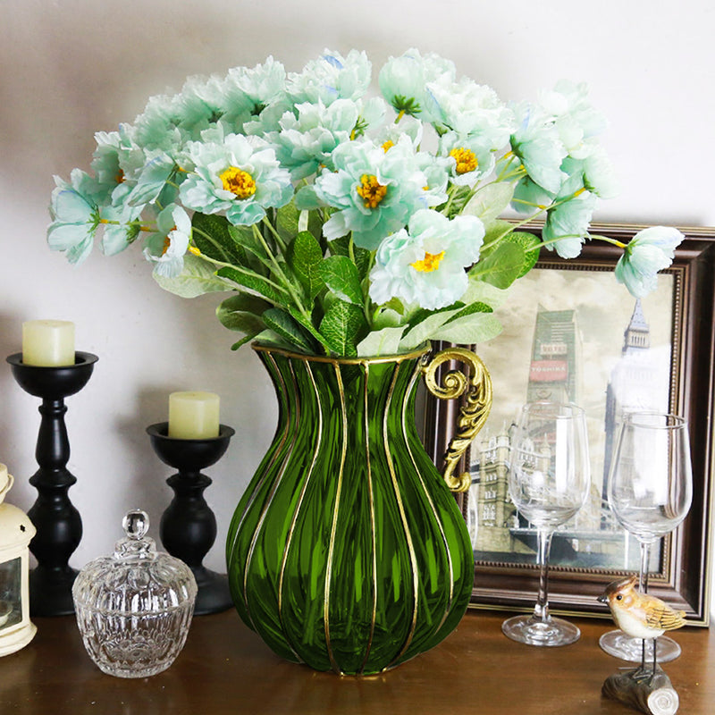 Green Glass Flower Vase 16cm x 29cm Gold Metal Handle Home Decor