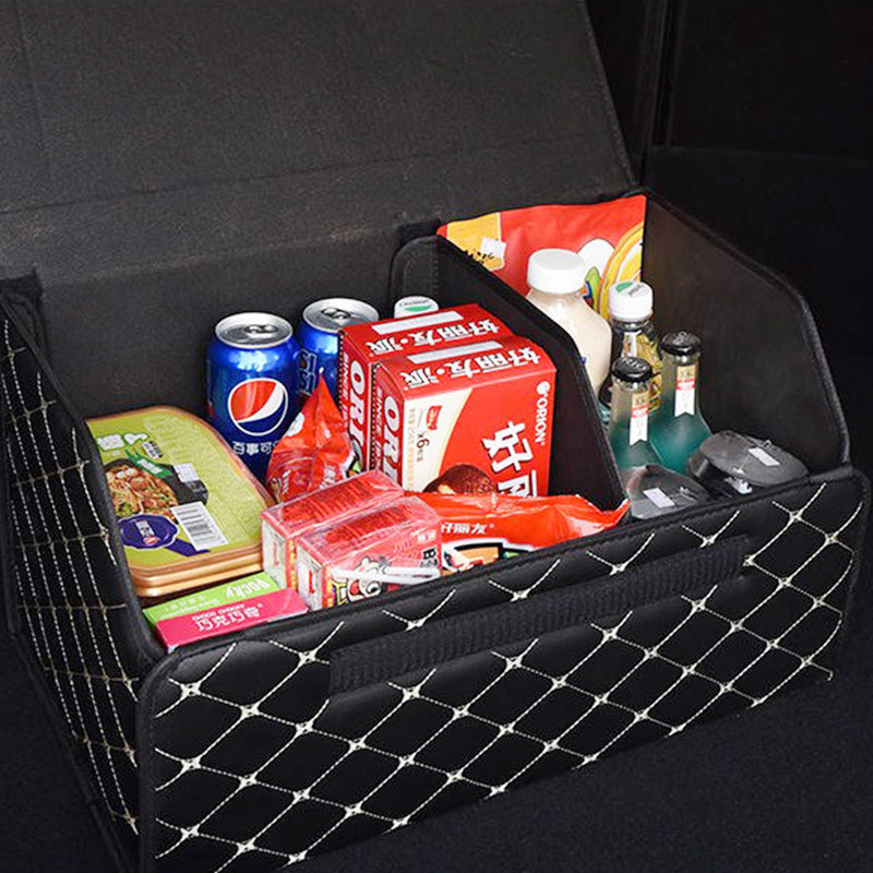Leather Car Boot Organizer Box Foldable Collapsible Black Gold Stitch Medium
