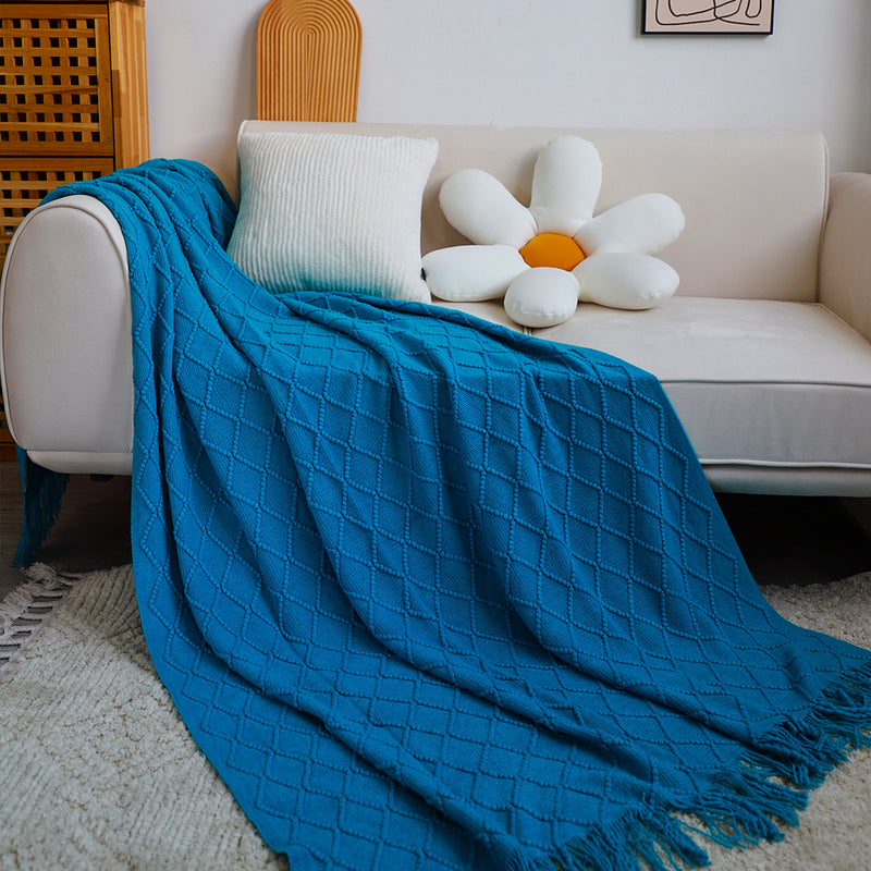 2X Blue Diamond Pattern Throw Blanket 100% Acrylic 130cmx230cm Tassels
