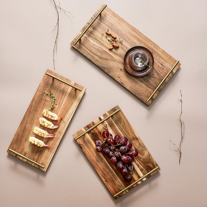 39cm Brown Rectangle Acacia Wood Serving Tray Iron Handles Charcuterie Board