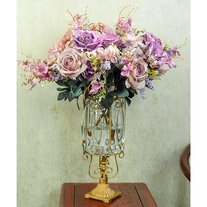 European Clear Glass Cylinder Vase Gold Metal Pattern 38cm Home Decor