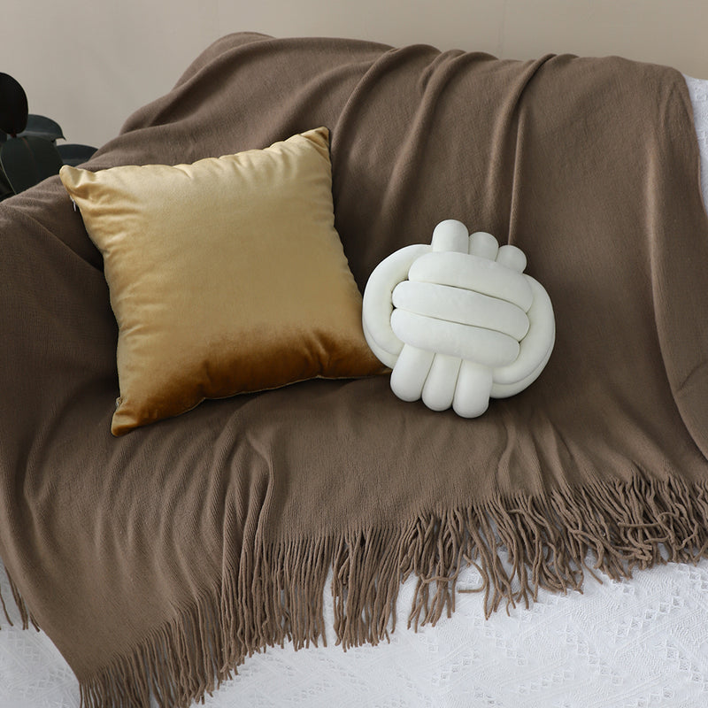 Acrylic Knitted Throw Blanket 130cmx220cm Fringed Cozy Coffee