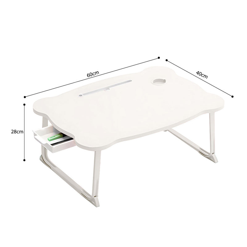 2X Folding Bed Table Particleboard Metal 60x48x28cm White Mini Drawer Cup Holder