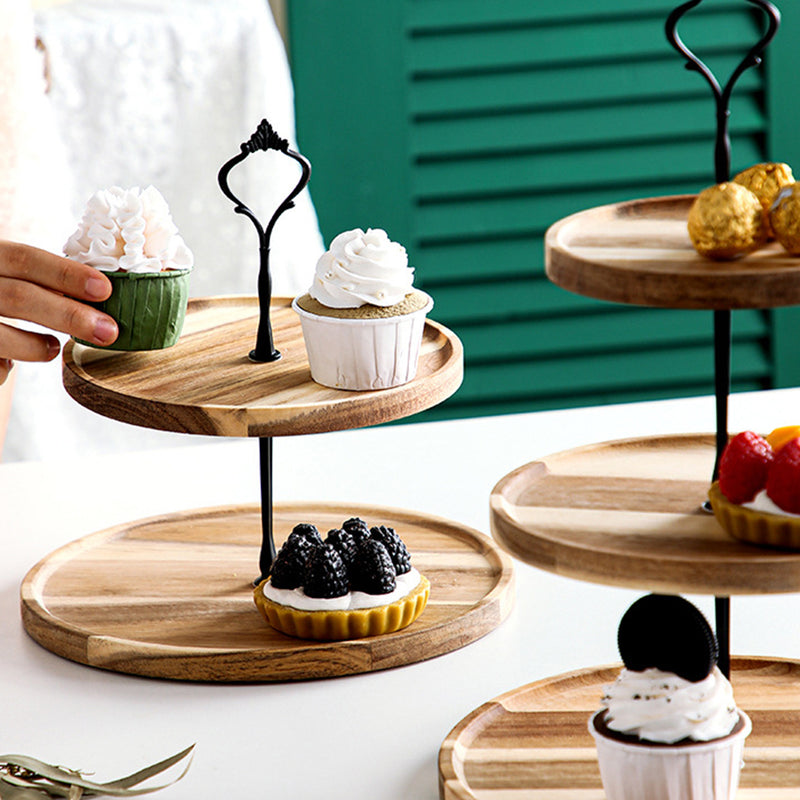 2X 20cm 2 Tier Brown Round Acacia Dessert Tray Stand Cupcake Snacks Decor