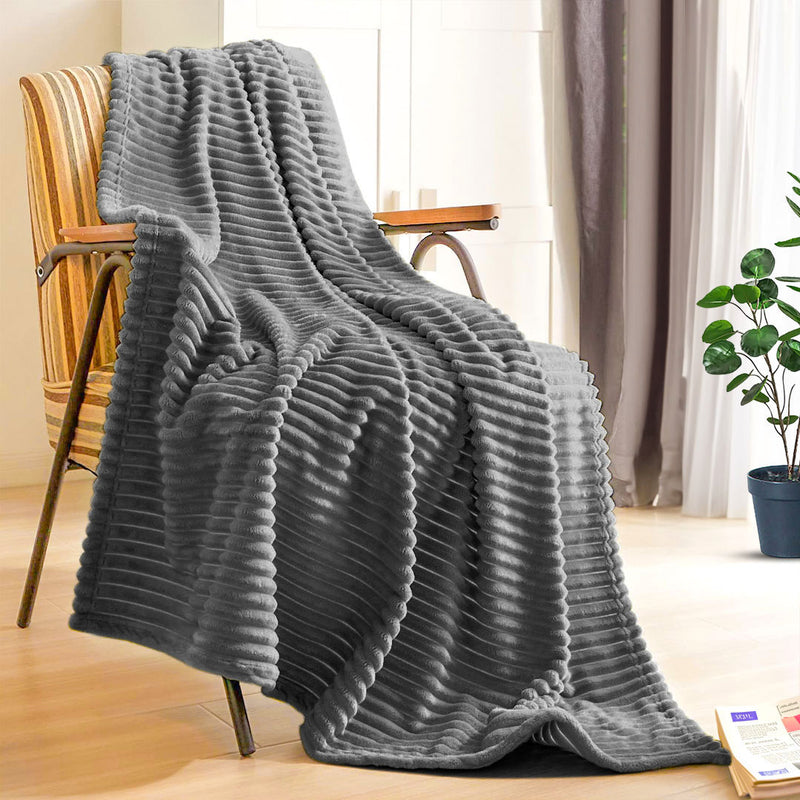 2X Grey Flannel Polyester Throw Blanket Warm Cozy Striped Lightweight 200x230cm