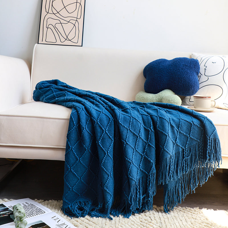 Royal Blue Diamond Knitted Throw Blanket 100 Acrylic 130x230cm with Tassels
