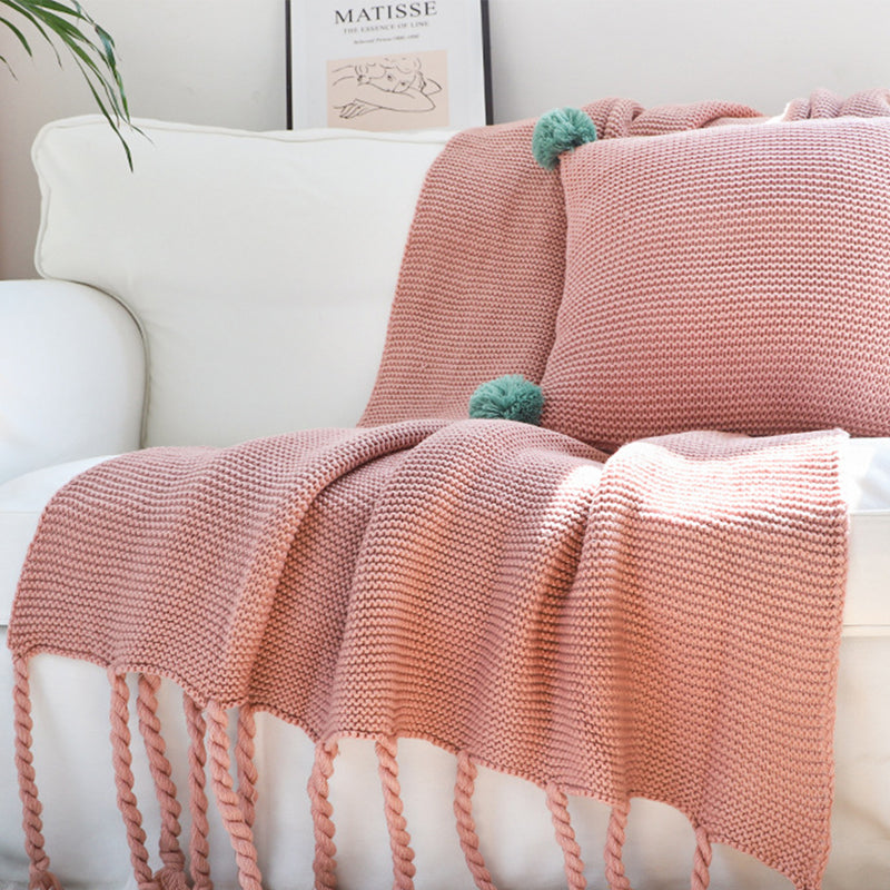 Pink Acrylic Knitted Throw Blanket 130x170cm Tassel Fringe Waffle Weave Cozy