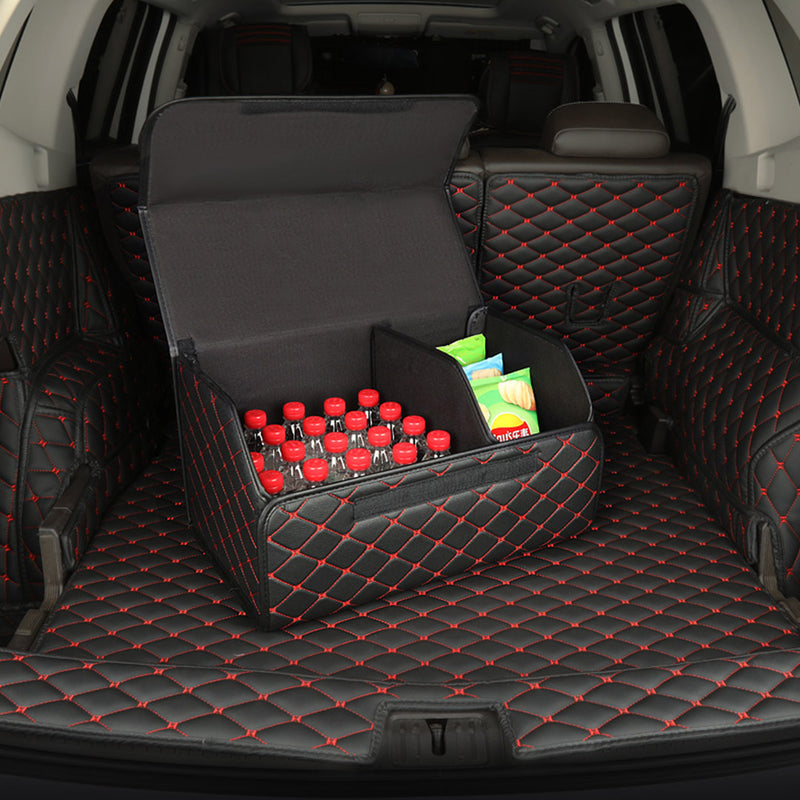 Leather Car Boot Organizer 30x30x30cm Collapsible Foldable Black Red Stitch