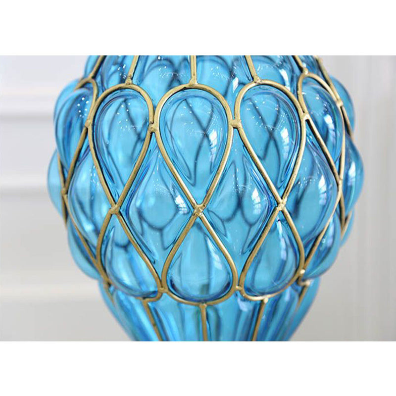 67cm Blue Glass Tall Floor Vase Gold Metal 12pcs Dark Pink Artificial Flowers