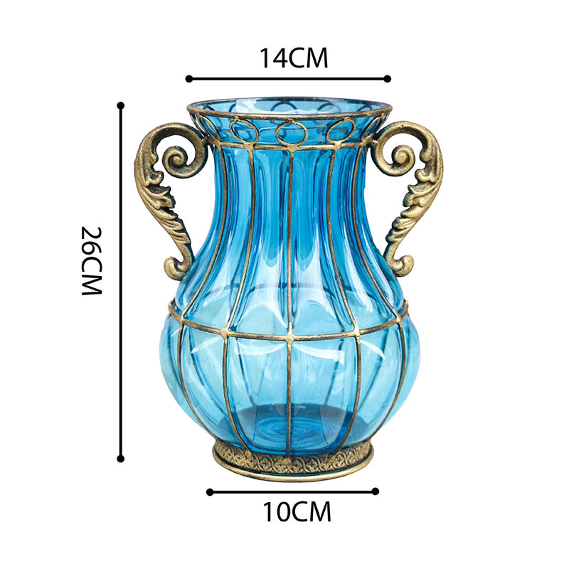 Blue Glass Flower Vase Two Metal Handles Gold Accents 10cm x 14cm x 26cm