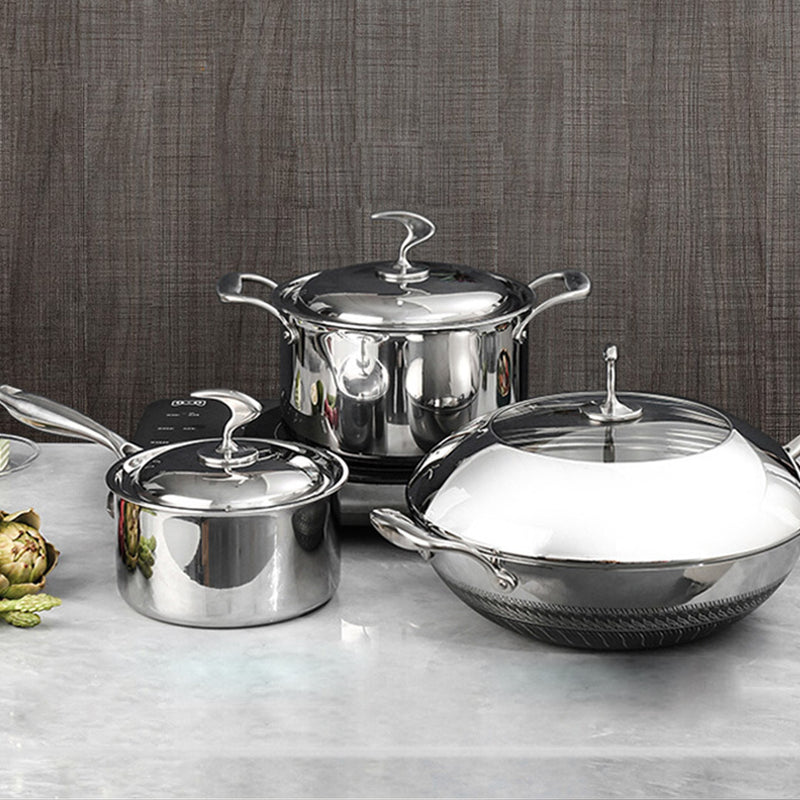 6 Piece Cookware Set Stainless Steel Fry Pan Milk Soup Pot with Lid Dishwasher Safe