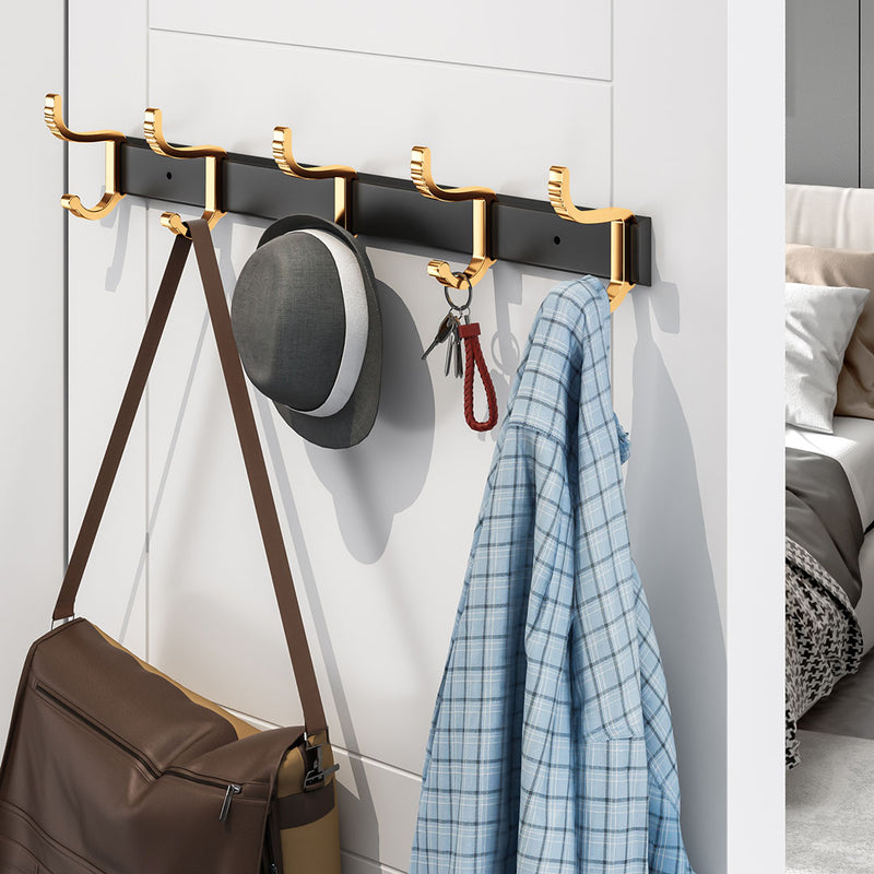 2X 41cm Wall Mounted Aluminum Towel Rack Space Saving Hooks Black Gold