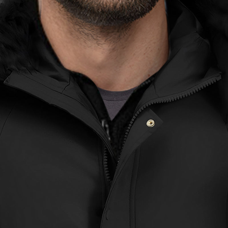 Black Large Hooded Puffer Jacket Quilted Warm Duck Down Polyester