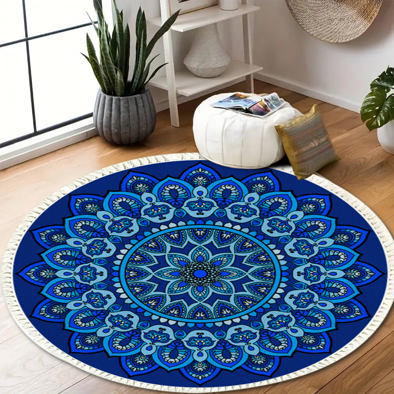 Round Polyester Mandala Carpet 90cm Anti Slip Backing Plush Blue