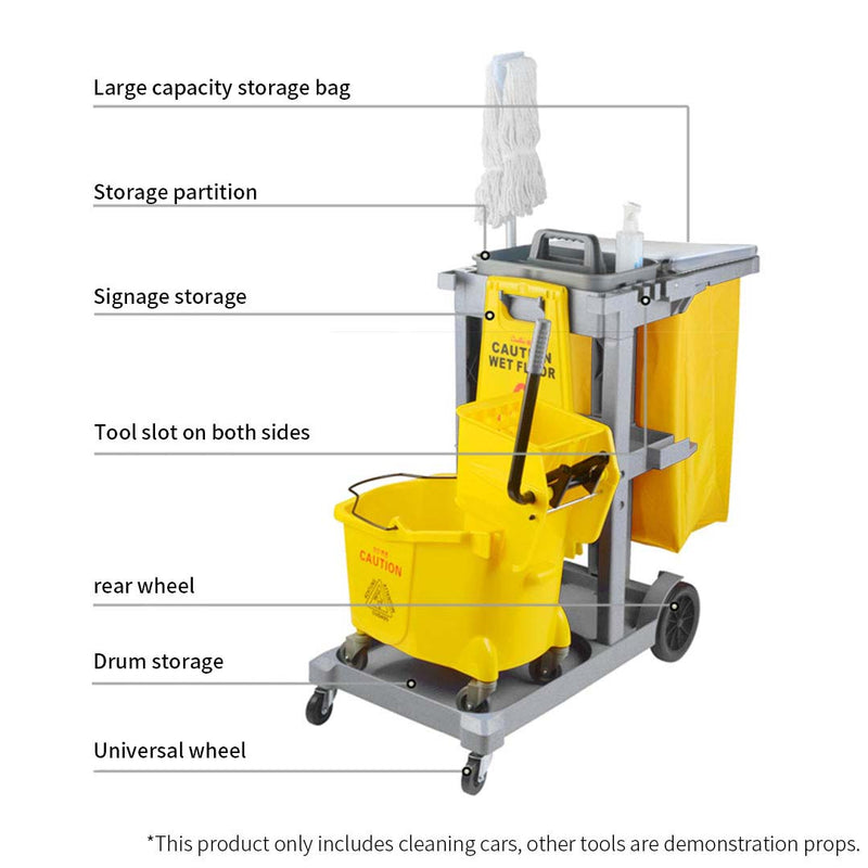 2X 3 Tier Janitor Cleaning Cart with Shelves Waterproof Bag and Lid Gray Yellow