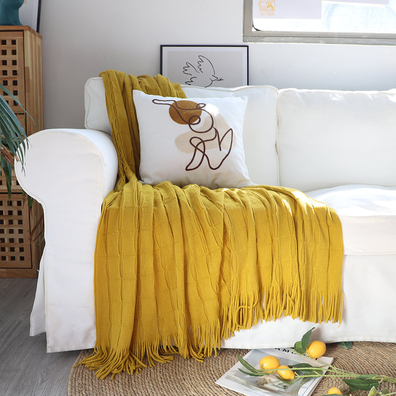 Mustard Knitted Throw Blanket 100% Acrylic Textured Cozy Home Decor With Tassels