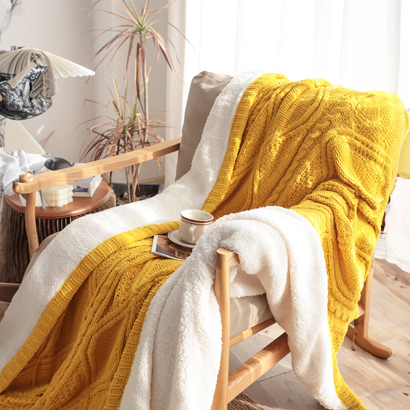 2X 200X230cm Chenille Fleece Throw Blanket Two Sided Knitted Suede Yellow White