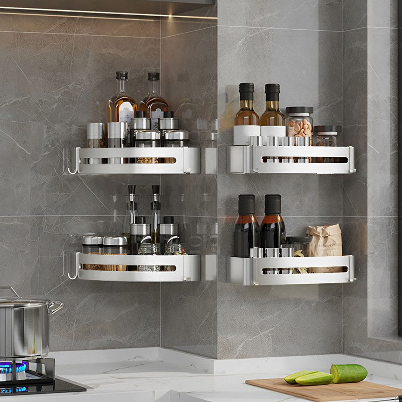 Silver Wall-Mounted Aluminum Bathroom Shelf Rack Space Saving Waterproof Hooks