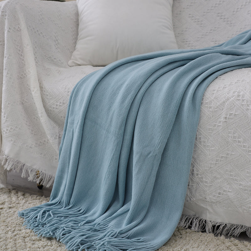 2X Acrylic Knitted Throw Blanket 130cmx220cm Fringed Sky Blue