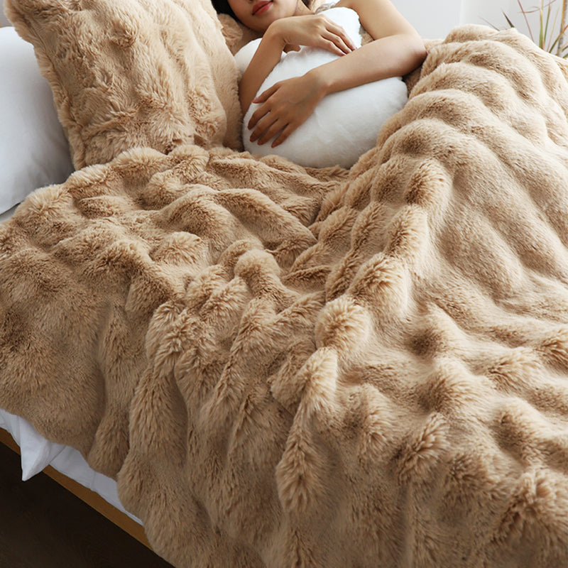 Throw Blanket 160x200cm Coffee Double Layer Rabbit Fur Cozy Comfort Home Decor