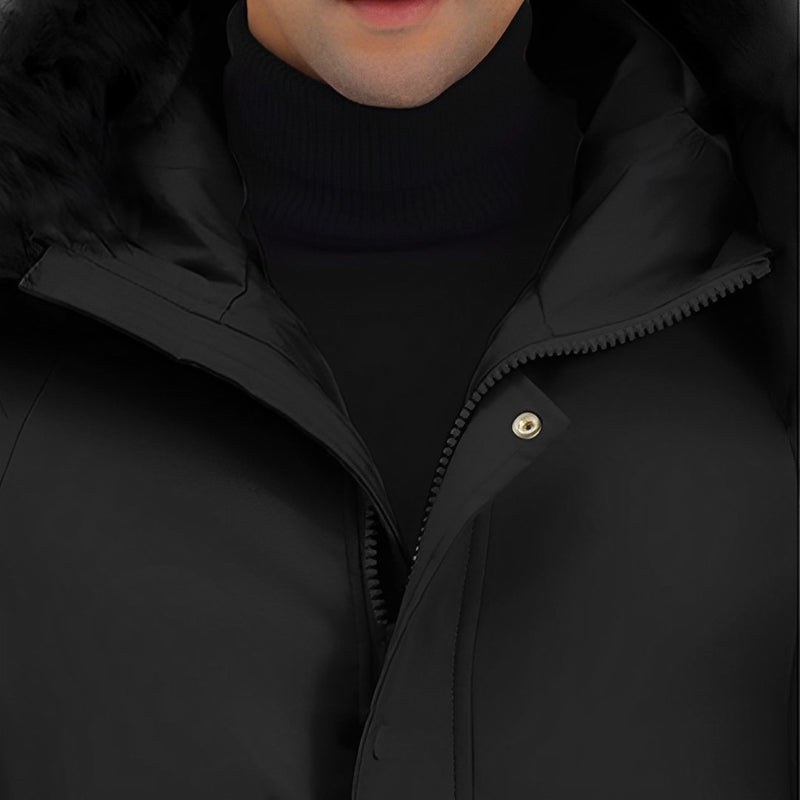 XL Black Long Hooded Down Puffer Coat Quilted Polyester Elastane