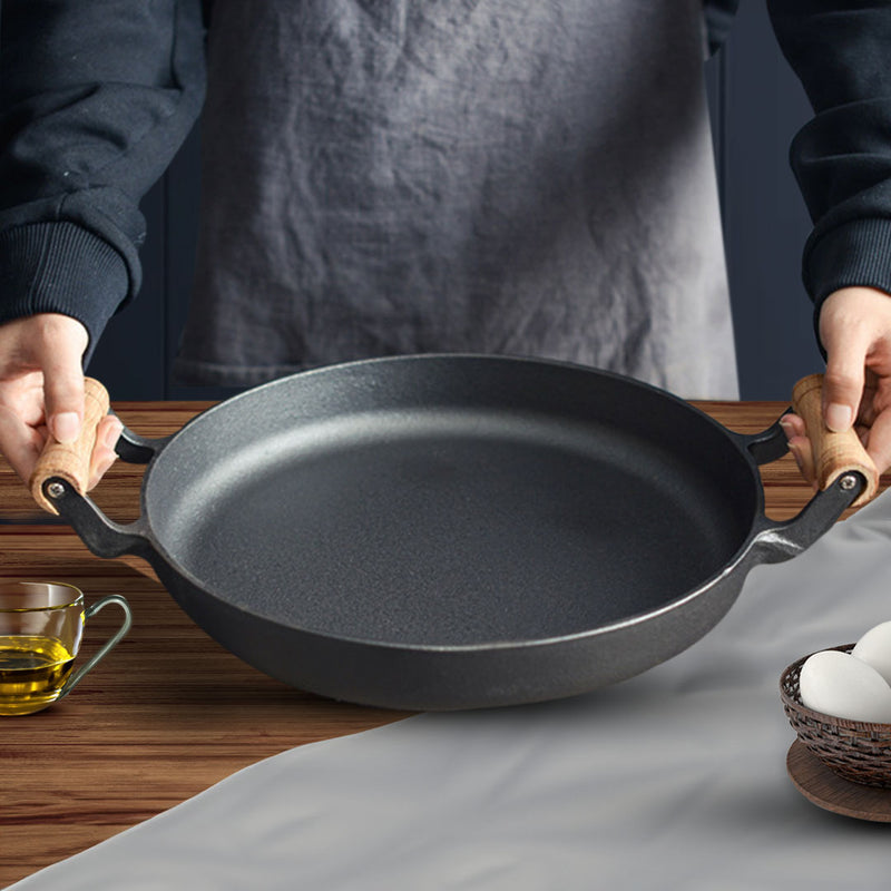 2X 35cm Cast Iron Sizzle Pan Skillet With Wooden Handle Induction Safe