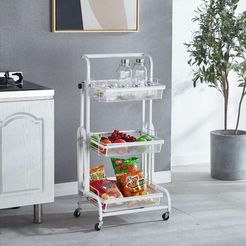 3 Tier Carbon Steel Kitchen Cart Adjustable Shelves Portable Storage White