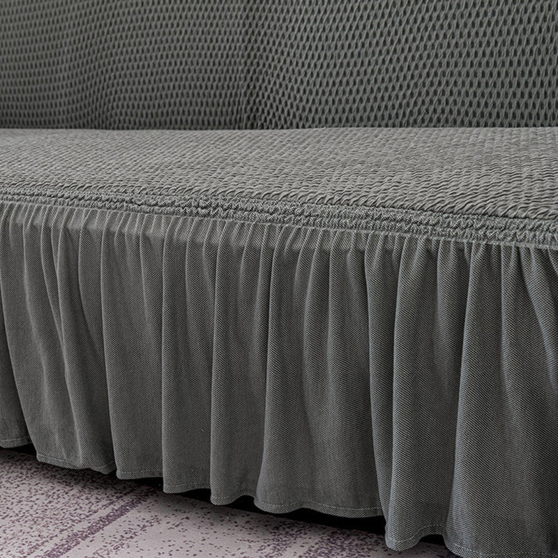 4-Seater Grey Polyester Sofa Cover With Ruffled Skirt High Stretch Protector