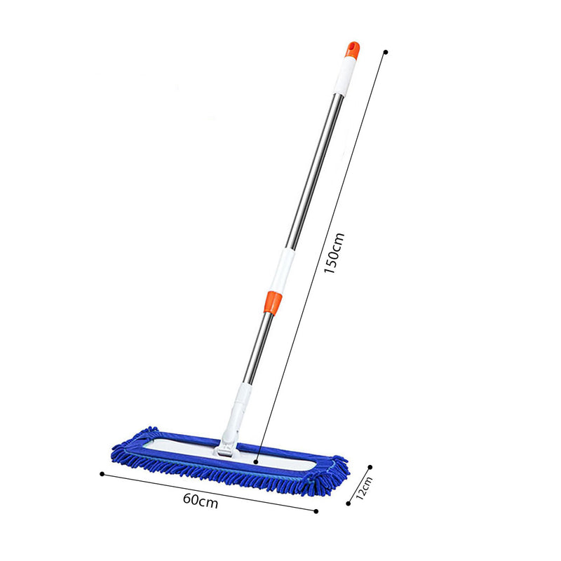 Flat Microfiber Mop 60X12 Cm Stainless Steel Handle Blue 2 Pieces Dust Remover