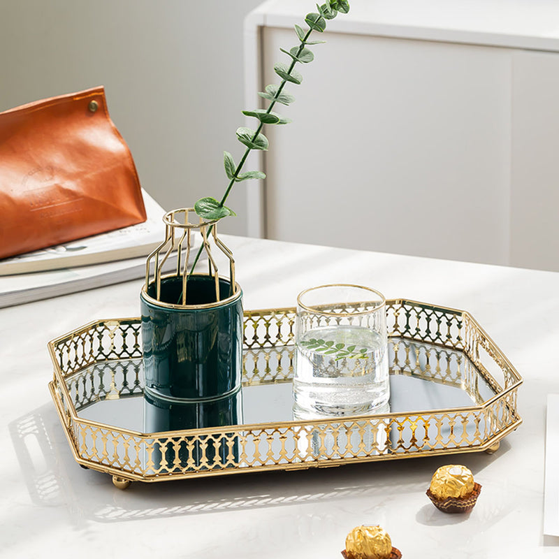 35cm X 26cm Gold Rectangular Ornate Glass Mirror Vanity Tray With Handles