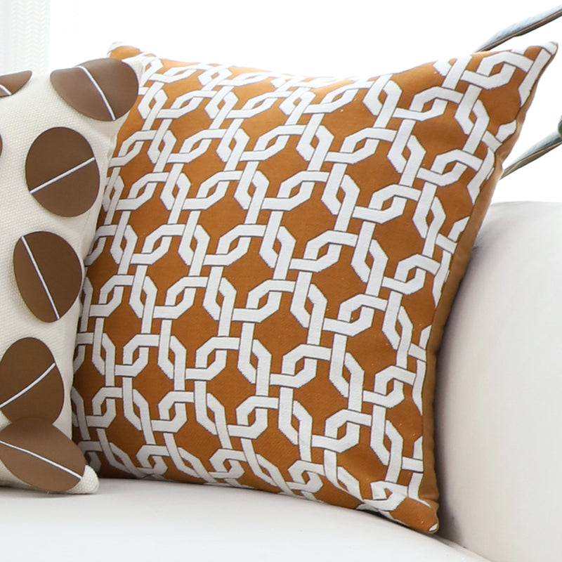 2X 50cm Square Brown Checkered Chain Jacquard Polyester Cotton Throw Pillows