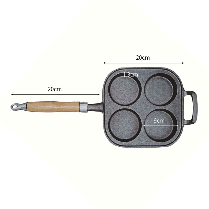 Cast Iron 4 Mold Pancake Fry Pan Nonstick with Wood Handle for Induction