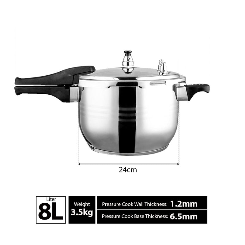 8L Stainless Steel Pressure Cooker Induction Safe Triple Security Cap 24cm