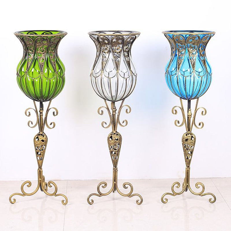 85cm Clear Glass Tall Floor Vase Gold Metal Base 12pcs White Artificial Flowers