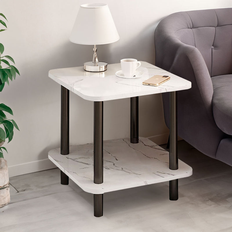 2X White Ceramic Side Table 70x70x53cm Stone Pattern Black Metal Legs