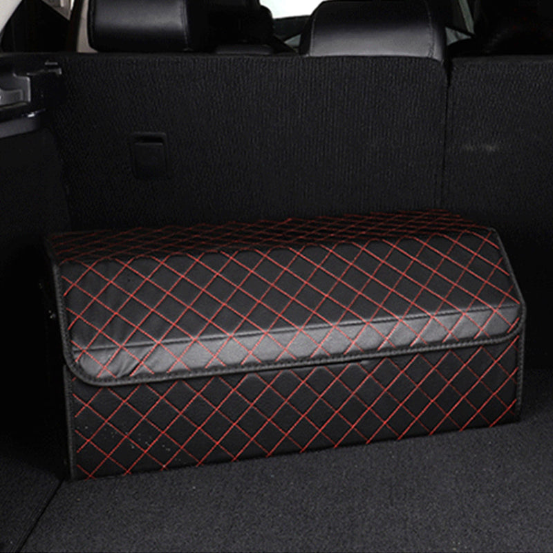 Leather Car Boot Trunk Organizer Collapsible Foldable Storage Box Black Red Stitch