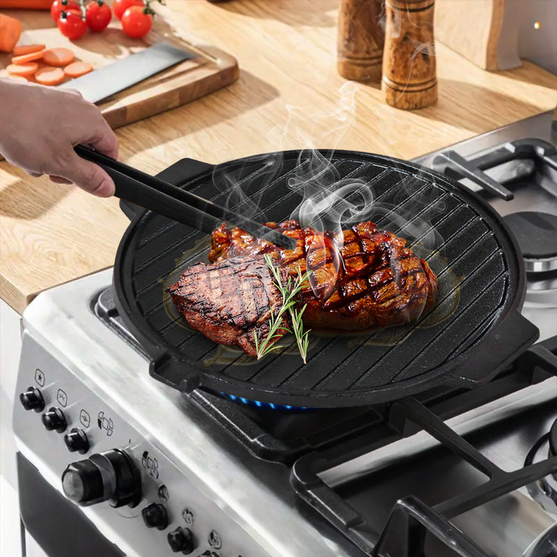 2X 30CM Round Cast Iron BBQ Grill Pan With Handles Non Stick Black Camping