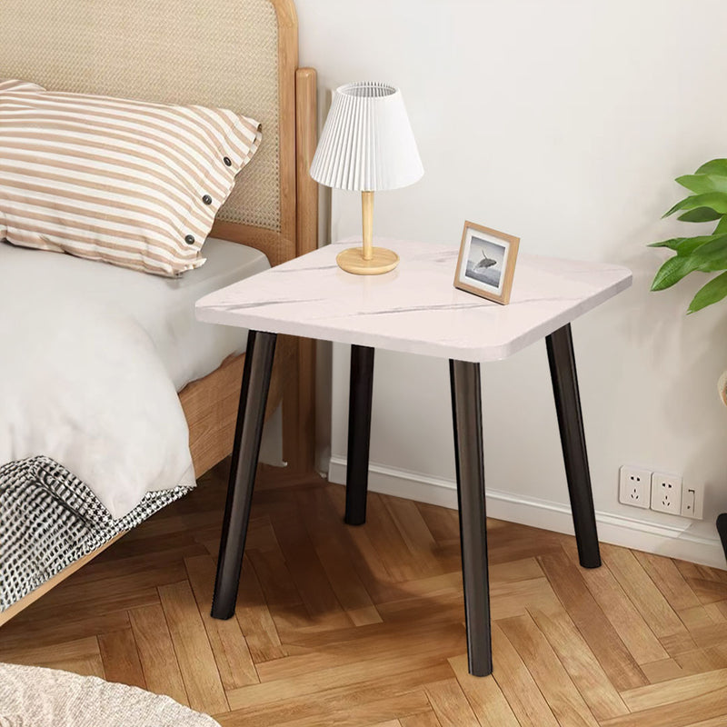 2X Compact White Ceramic Side Table 40cm Stone Pattern Black Metal Legs