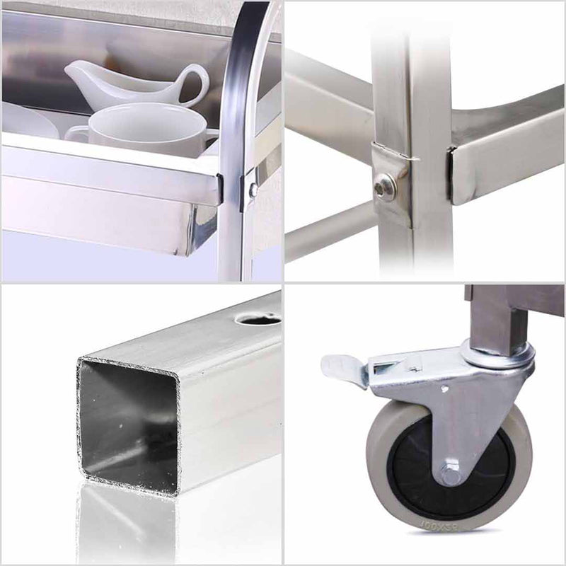 2 Tier Stainless Steel Food Cart 85x45x90cm Leak Proof Tray Locking Wheels