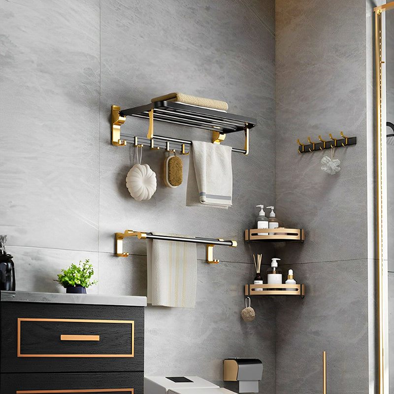 2X 63cm Aluminum Wall Mounted Double Pole Towel Rack With Hooks Black Gold