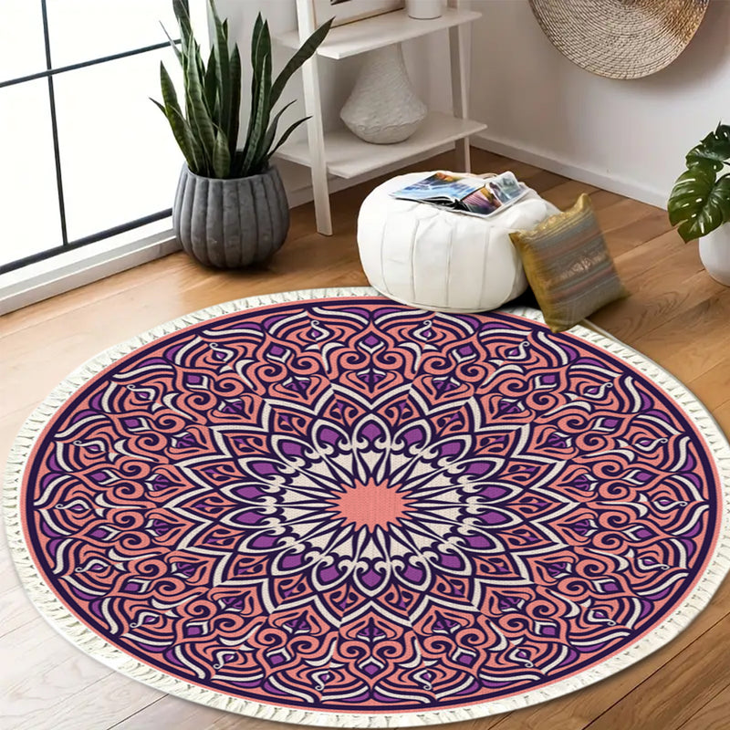 90cm Round Mandala Rug Polyester Anti Slip Purple Living Room Bedroom
