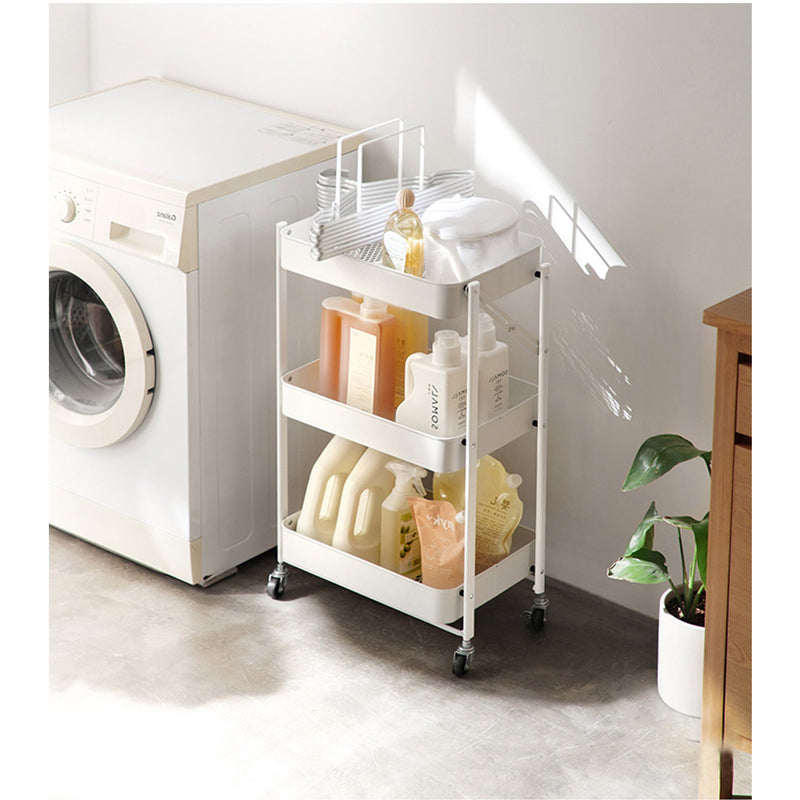 3 Tier White Foldable Steel Kitchen Cart Portable Storage Shelves With Wheels