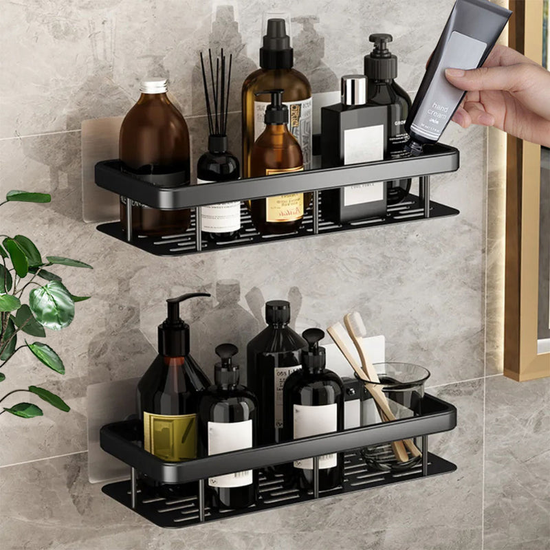 2X Black Aluminum Wall Mounted Bathroom Shelf Rack 34x16x6.5cm Adhesive