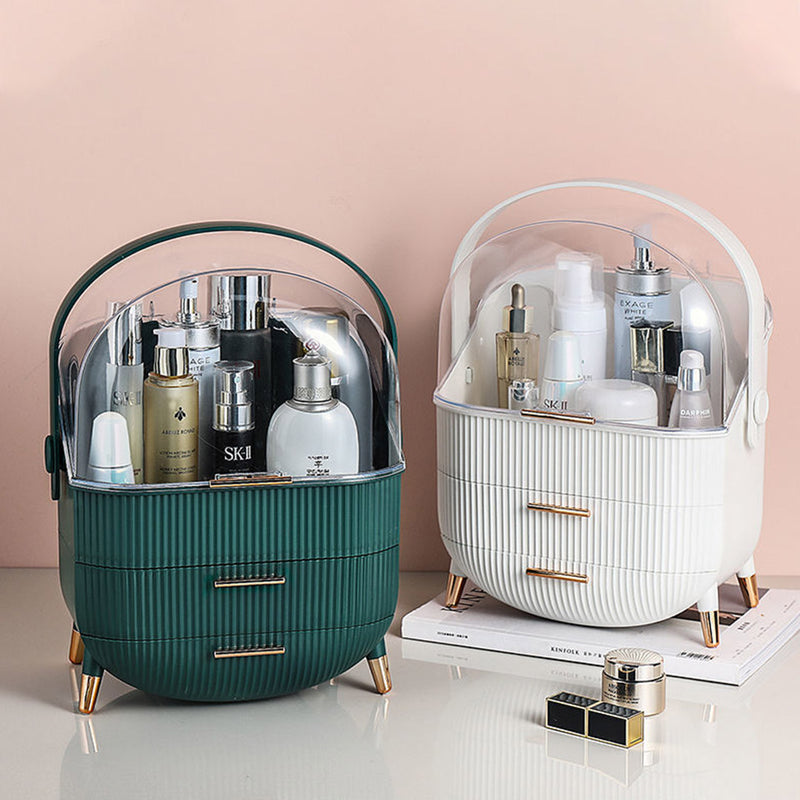 29cm Green Plastic Countertop Makeup Organizer Lid Handle Drawers For Skincare