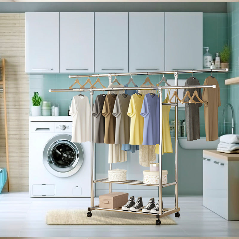 Stainless Steel Clothes Rack 200cm Floor-Standing With Wheels Portable Durable