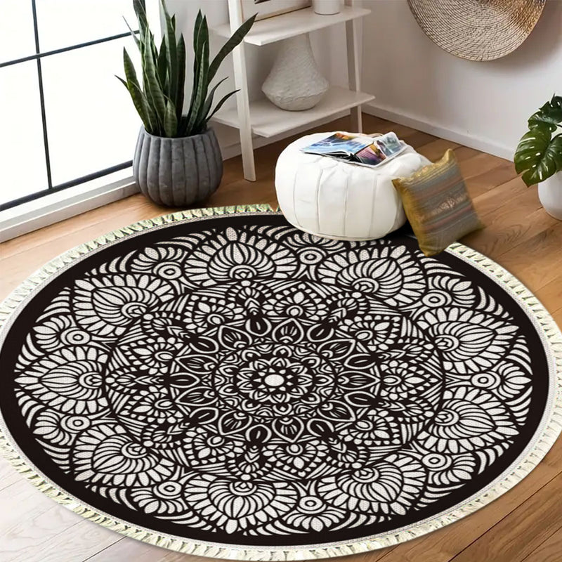 Mandala Round Area Rug 120cm Polyester Plush Anti Slip Tassel