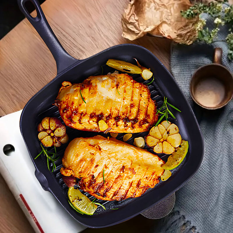 Cast Iron 24cm Square Ribbed Skillet Pre Seasoned Induction Ready