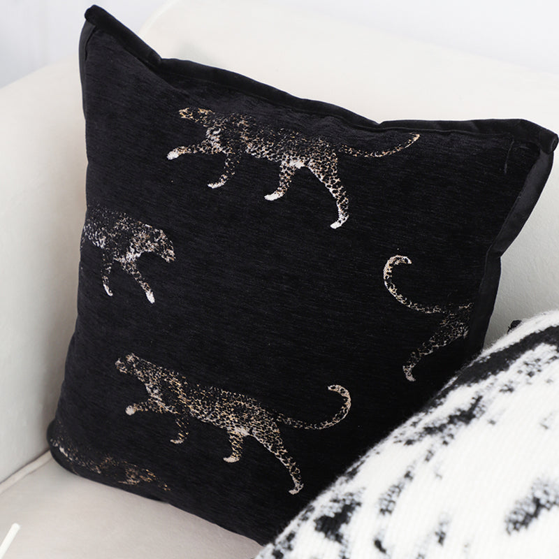 Throw Pillow Polyester Cotton 50x50x18cm Embroidered Panther Black